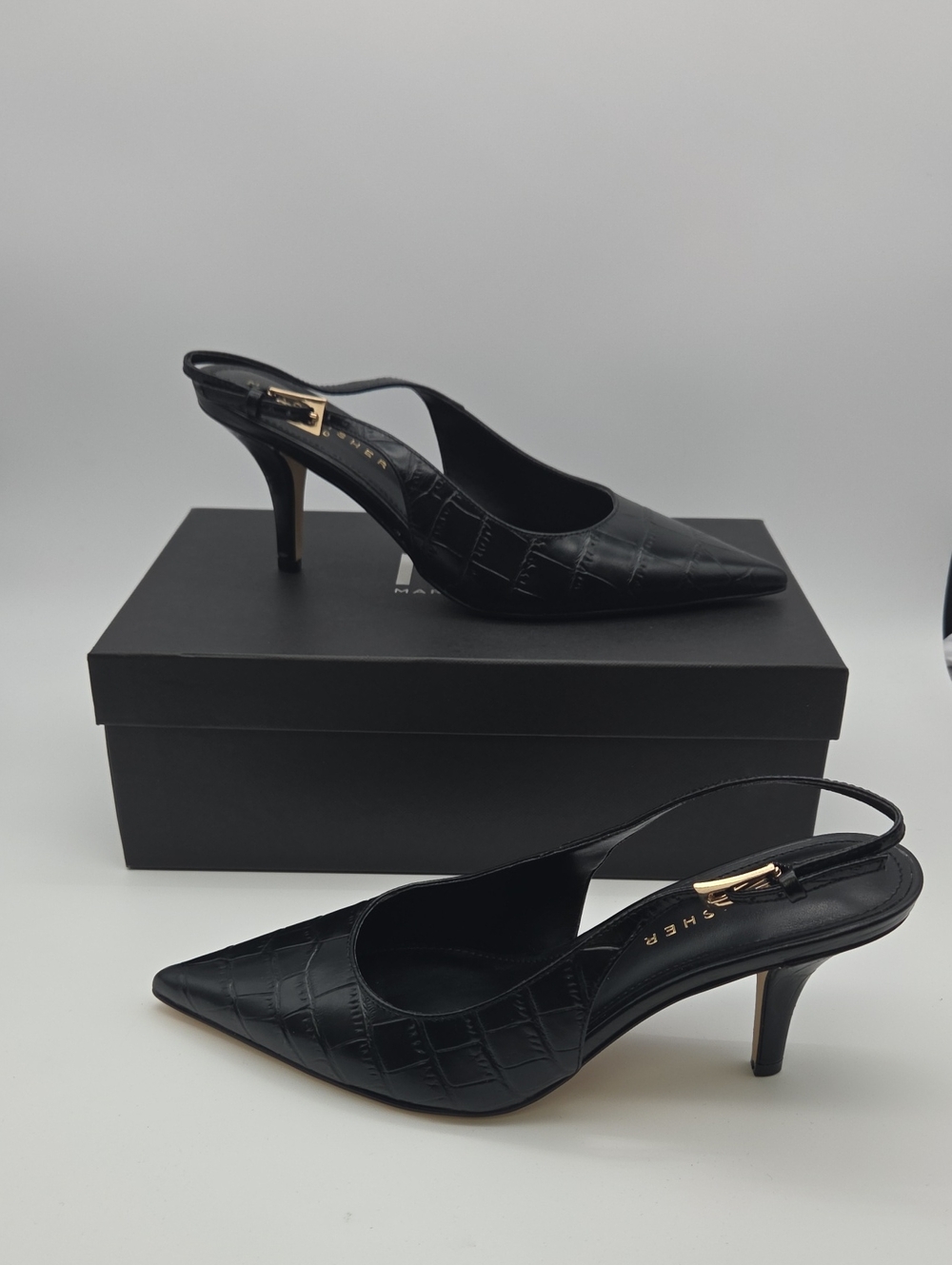Marc Fisher Black Croc-Embossed Slingback Pointed Toe Heels